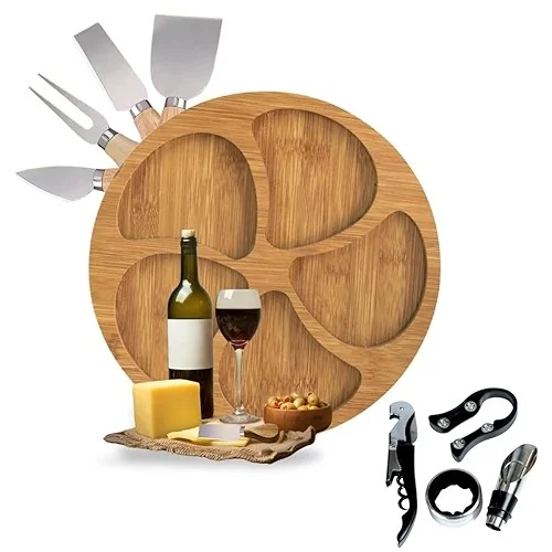 ✨ 【Cozena】Petisqueira de Madeira/Tabua de Frios + Kit Vinho 4 Peças + 4 Facas P/Queijo