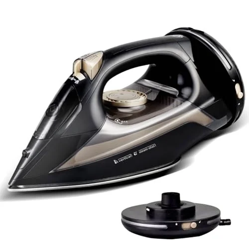 ✨ Ferro de Passar a Vapor 2 em 1 Sem Fio, Preto e Dourado
