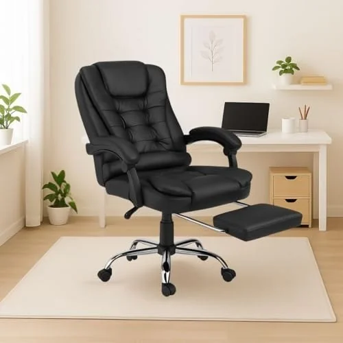 ✨ Cadeira De Escritório Itália Presidente Ergonômica Couro Sintético Encosto Ajustável Com Trava E Apoio Para Pés Cor Preta Luvinco (Preto)