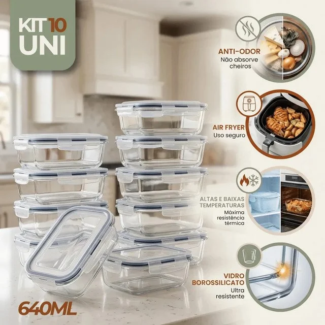 ✨ Kit 10 Pote De Vidro Marmita Hermético 640ml Freezer Fitness Rishon