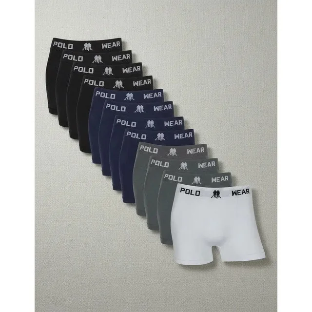 ✨Kit 12 Cuecas Boxer Polo Wear Masculino Microfibra Sortida Branco, Cinza, Preto E Azul Marinho Liso G