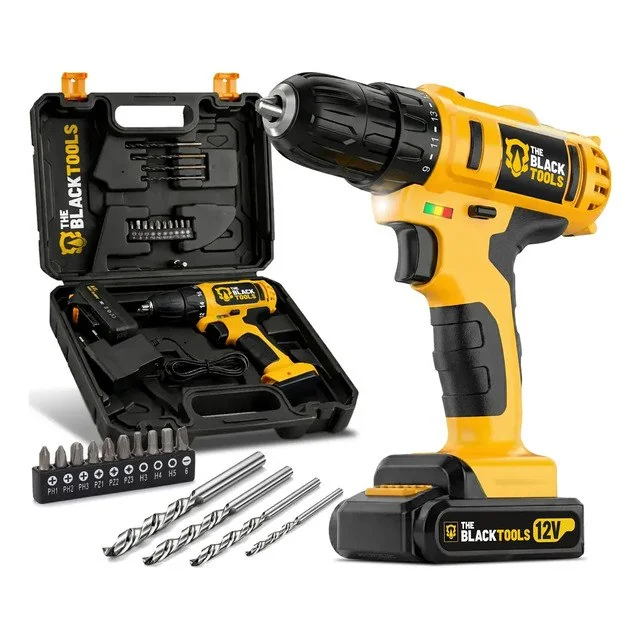 ✨Furadeira Parafusadeira Sem Fio A Bateria Tb-12e 12v 3/8 10mm Com Maleta E Acessórios The Black Tools Amarelo/preto 127/220v 60