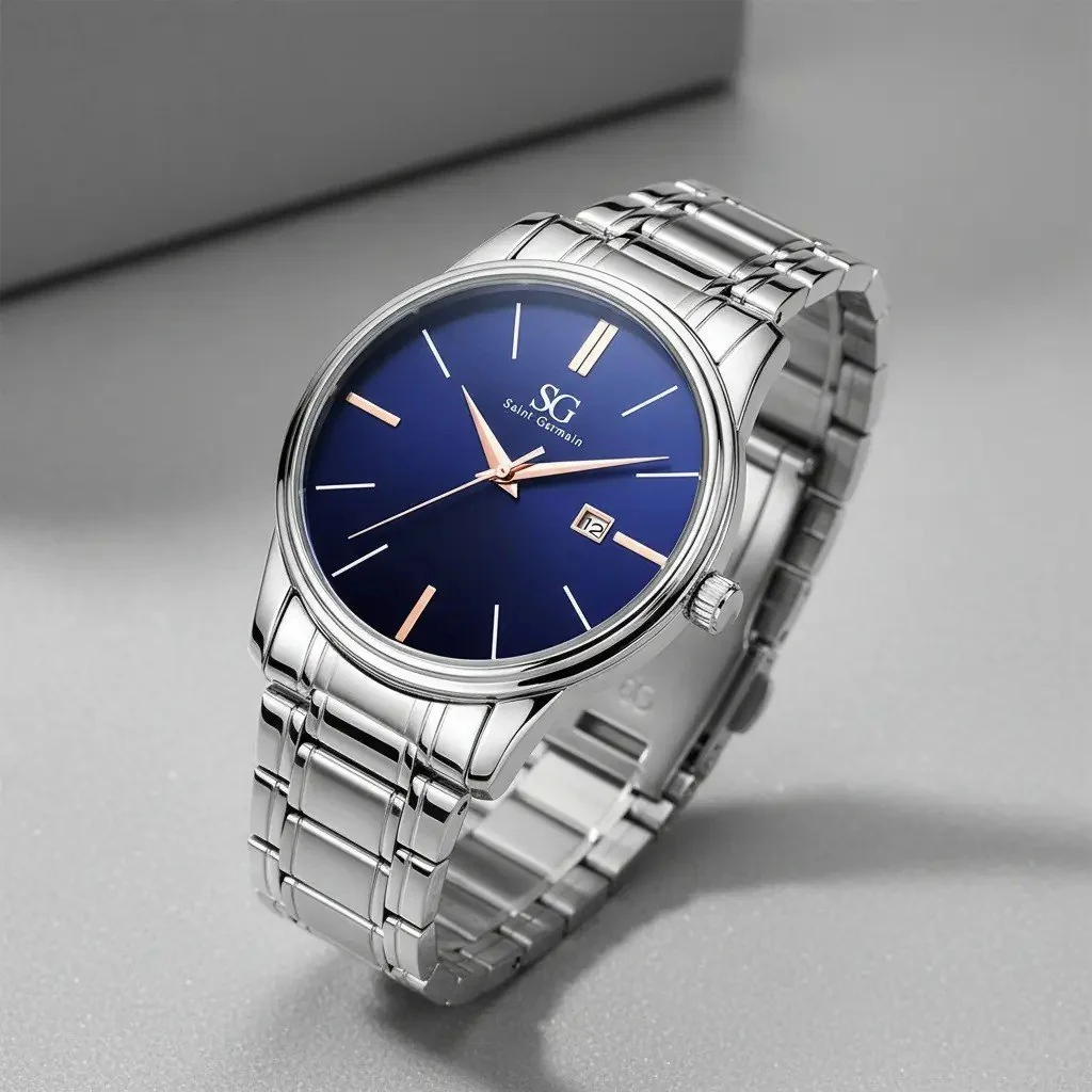 ✨ Relógio Masculino Clássico Pulseira Prata Correia Prateada Bisel Prateado Fundo Azul Marinho Saint Germain 42mm Elegante Detalhes Bronze