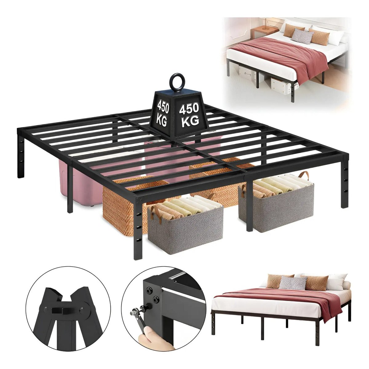 ✨ Estrutura De Cama Metal Casal C/espaço De Armazenamen 400kg Preto Hot Wheels