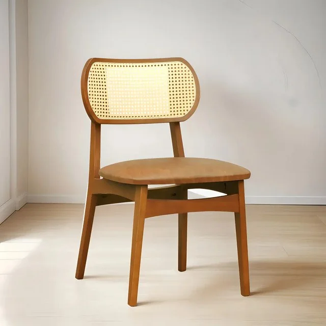 ✨Cadeira Decorise Organik Madeira Amêndoa Estofado Corano Marrom Marrom-claro