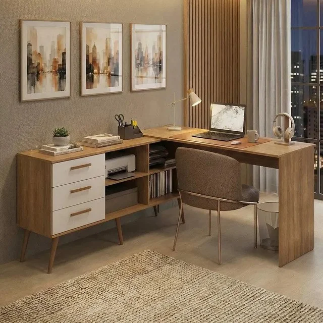 ✨Mesa De Escritório Em L Com 3 Gavetas Porto Multimóveis Mp6044 Madeirado/branco