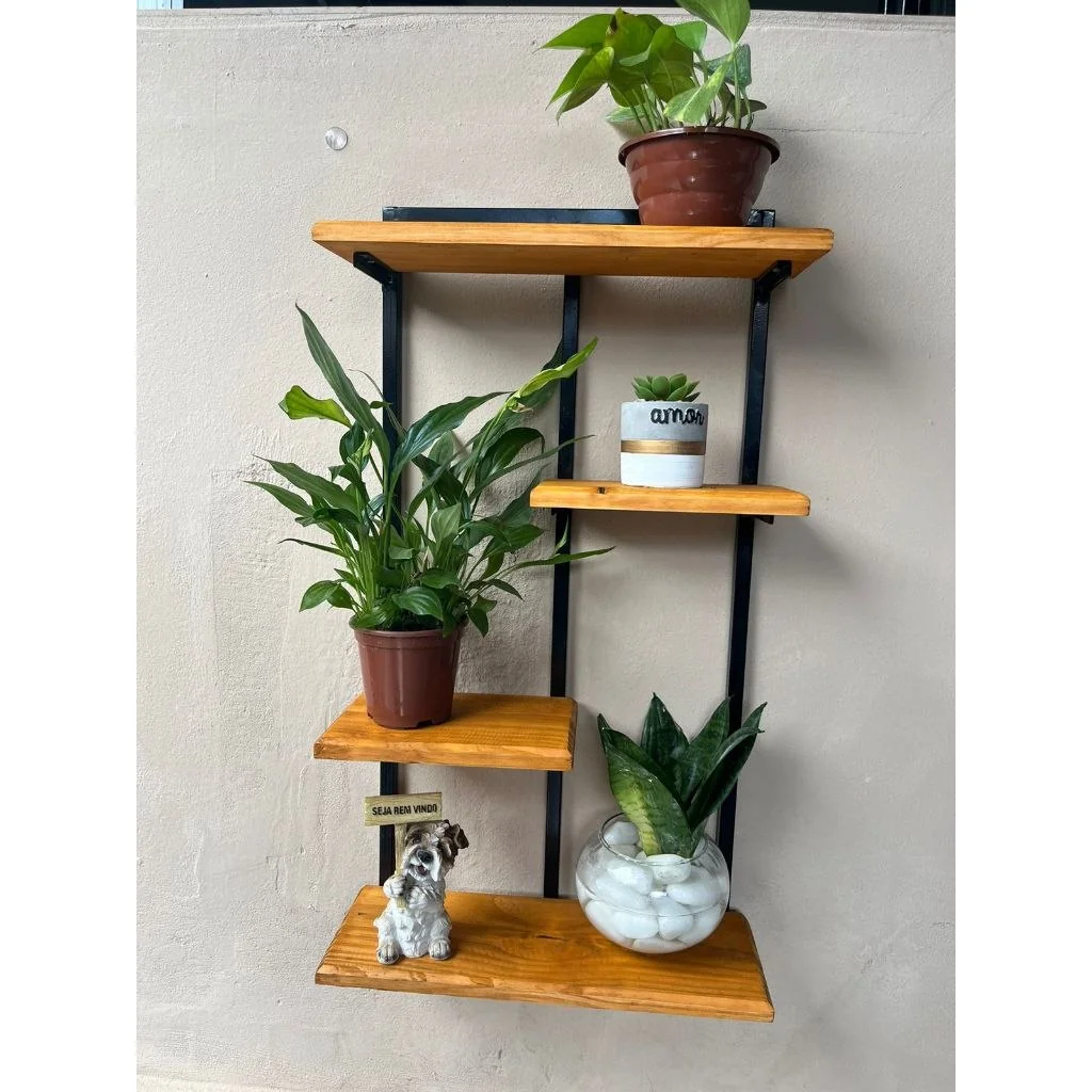 ✨Prateleira com 4 andares de ferro e madeira decoração flores