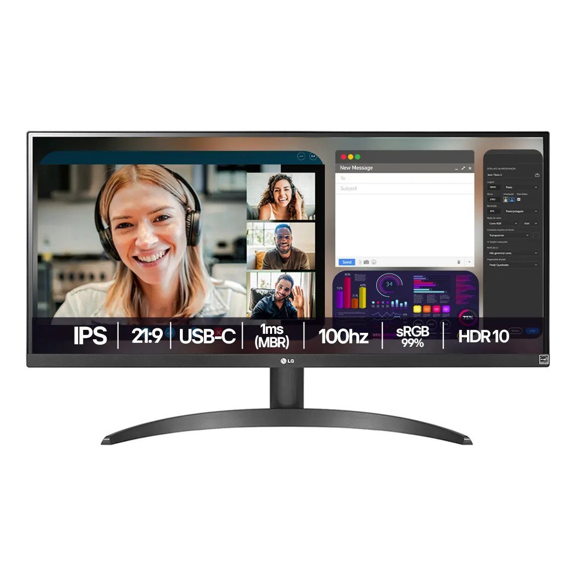 ✨ Monitor LG UltraWide - Tela IPS de 29", 21:9, HDR10, sRGB 99%, 100Hz, Preto- 29WQ500B