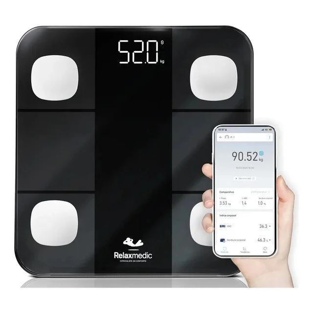 ✨ Balança Digital Corporal Bioimpedância Aplicativo Bluetooth Relaxmedic Preta