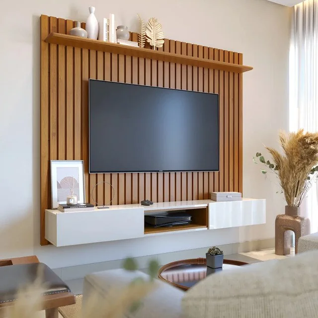 ✨ Estante Para Sala Home Ripado Sofisticado Padrão Superior Painel Parede Suspenso Embutido Tv 60 Polegadas Loft 1,80m Nature/offwhite - Imcal Móveis Xp...