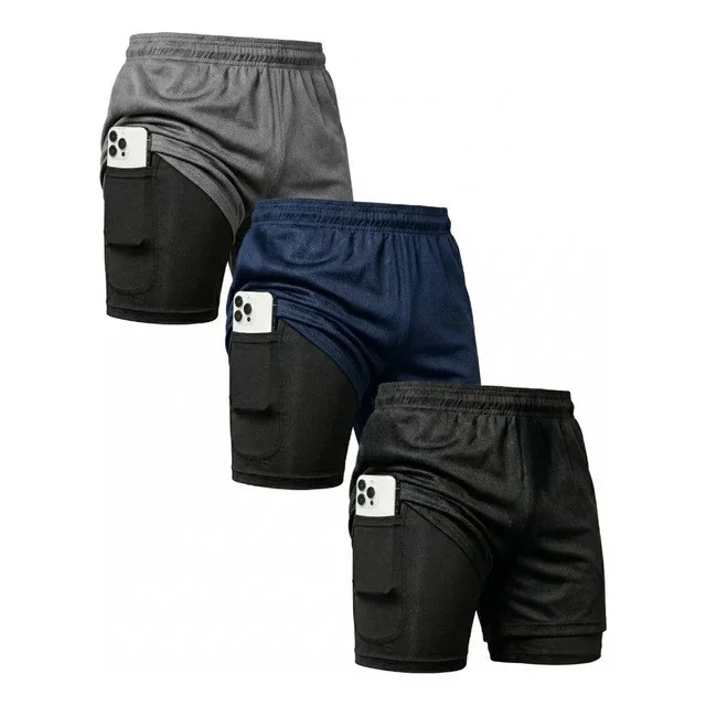 ✨ Kit 3 Shorts 2 Em 1 Duplo Bolso Para Academia Treino Corrida