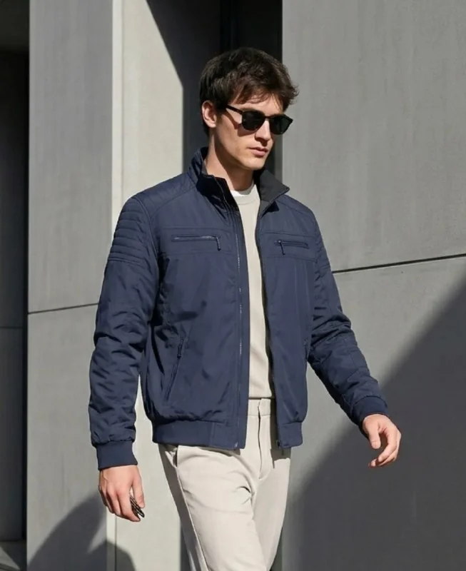✨ Jaqueta Masculina Bomber Dupla Face Gola Alta Zíper Bobojaco Azul-marinho M