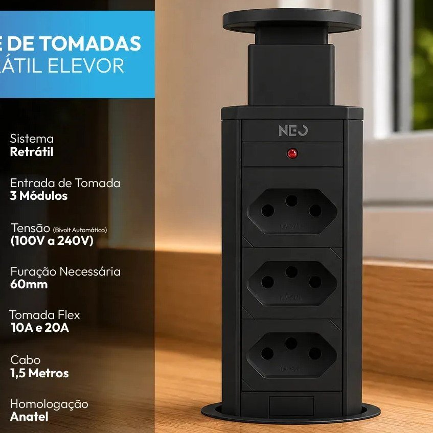 ✨ Torre de Tomada Embutir Neo Avant Preta 3 Tomadas Flex 10A 20A Bivolt