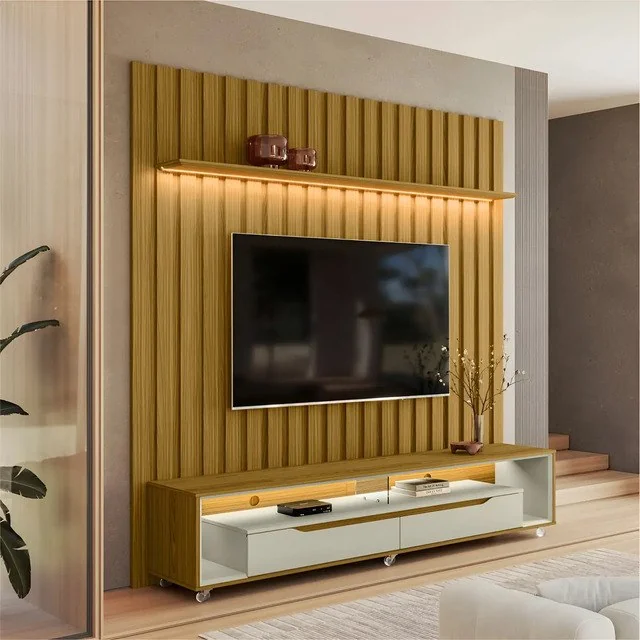 ✨ Painel Ripado Led London 177cm E Rack Loop Rodízios Tv 70 Cor Marrom-claro