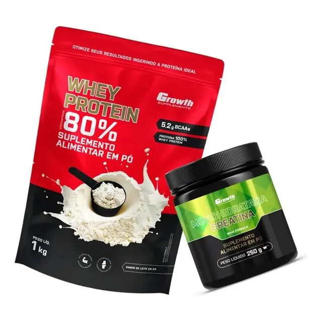 ✨ Kit Growth: Whey Protein Concentrado Leite Em Pó 1kg + Creatina Monohidratada Sem Sabor 250g