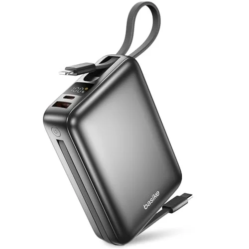 ✨ Basike Carregador Portátil, Power Bank 20000mAh com Cabos Integrados(Cinza)
