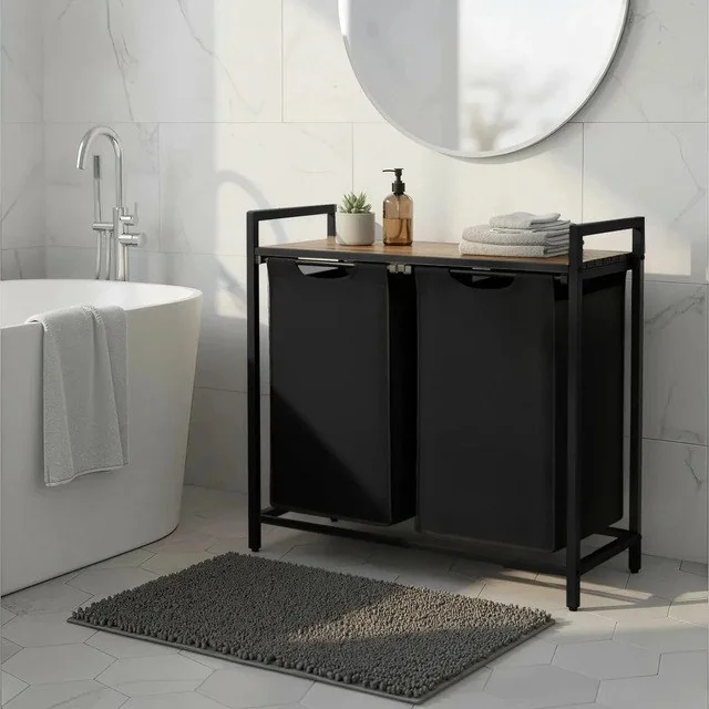 ✨Cesto De Roupa Suja Vasagle Com Tampa, 2 Bolsas E 2 Prateleiras, Preto Sólido Liso