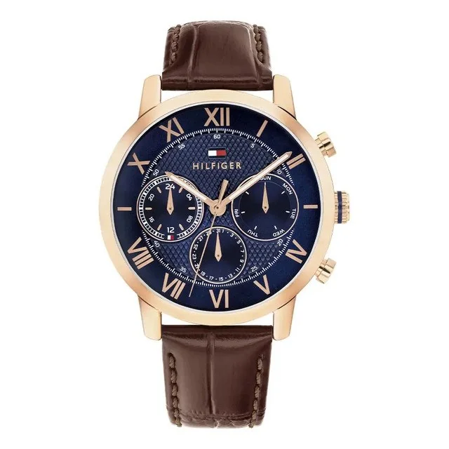 ✨ Relógio Masculino Tommy Hilfiger Th Oxford Com Pulseira De Couro Marrom Dourado Azul