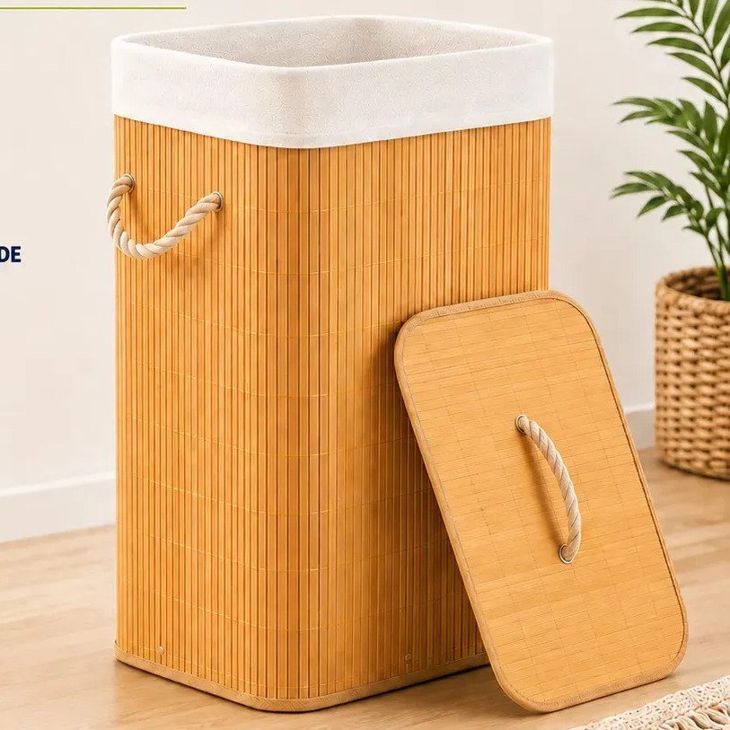✨ Vittak Cesto De Roupa Bambu 72 Litros Dobrável Retangular Com Tampa E Forro