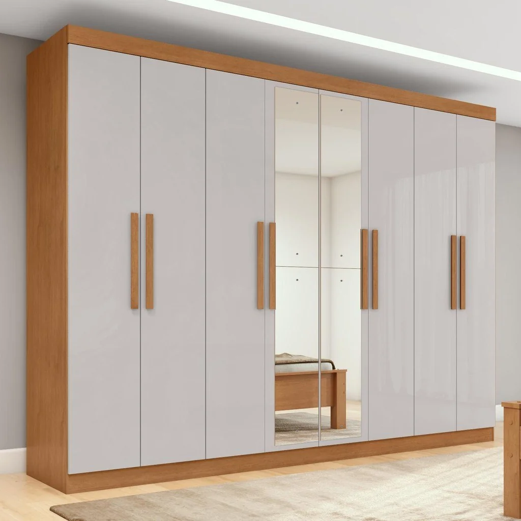 ✨Guarda-roupa Casal Easy Slim 8 Portas Com Espelho Amendoa Clean/Off White