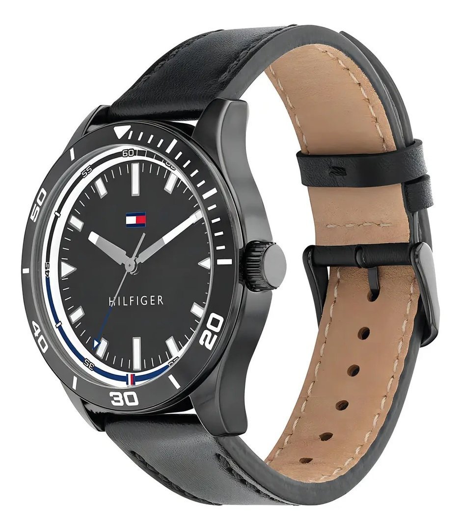 ✨ Relógio Masculino de Couro de Quartzo Preto Tommy Hilfiger