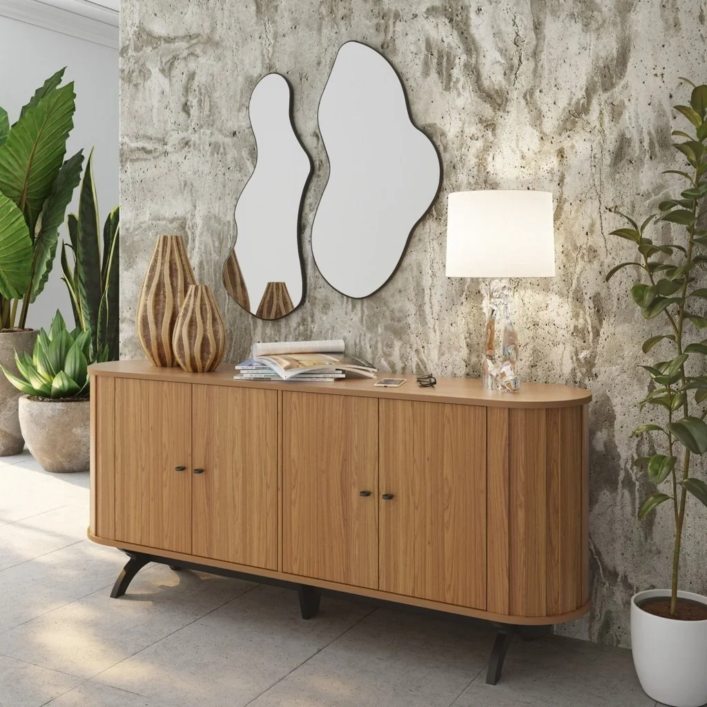 ✨Buffet Aparador Curvo com Canto Arredondado 180cm 4 Portas 100% MDF Freijó/Preto