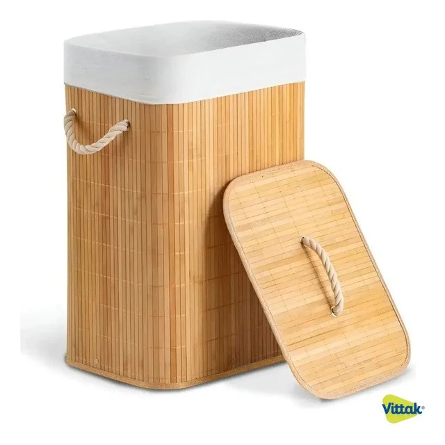 ✨Vittak Cesto De Roupa Bambu 72 Litros Dobrável Retangular Com Tampa E Forro Bege Liso