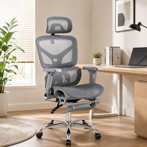✨ Cadeira Ergonômica de Malha Respirável para Escritório, Braços Ajustáveis, Suporte Lombar Regulável, Inclinação de 135 Graus para Home Office (cinza)