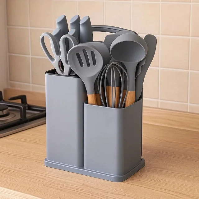 ✨Kit 19 Utensílios Para Cozinha Com Tábua E Espátula Cinza