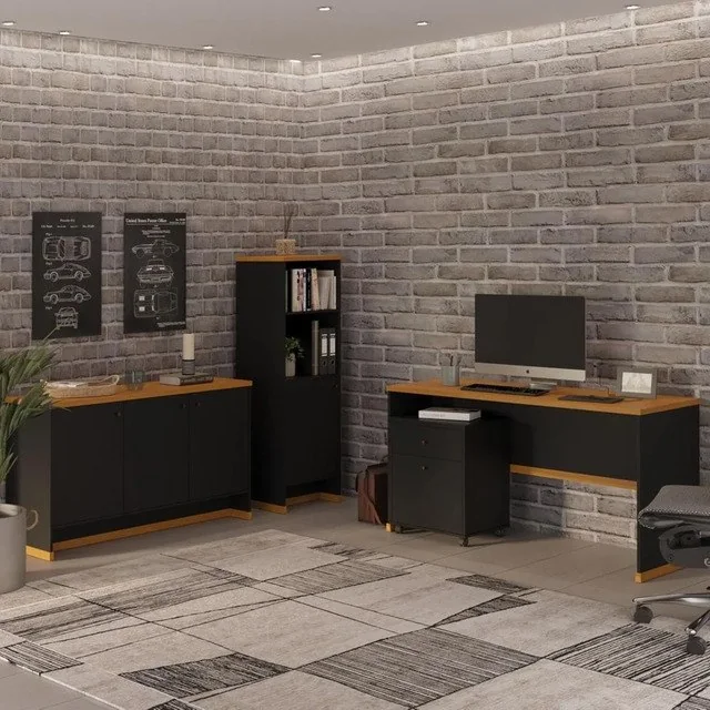✨ Conjunto Escritório 4 Peças Mesa Gaveteiro Armários Virtus Preto E Naturale