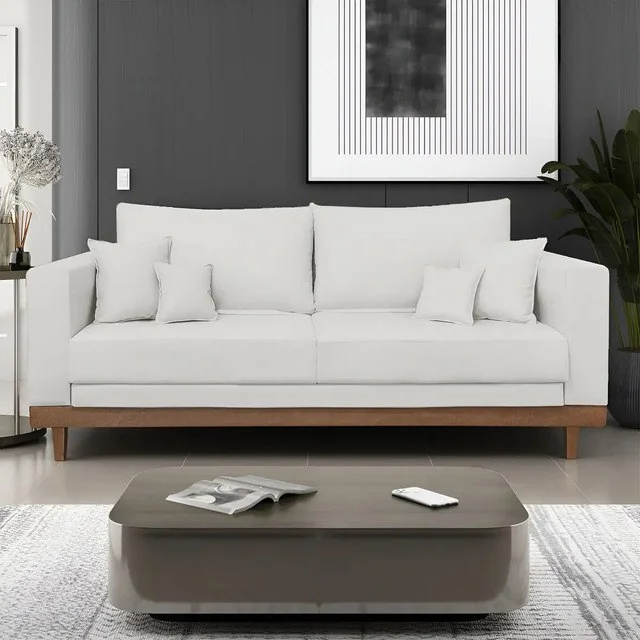 ✨Sofá Living 3 Lugares Linho Reforçado Base Madeira Com Almofadas