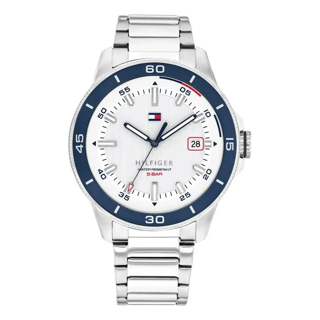 ✨Relógio Tommy Hilfiger Masculino De Aço Inoxidável Prateado Com Calendário Azul Branco