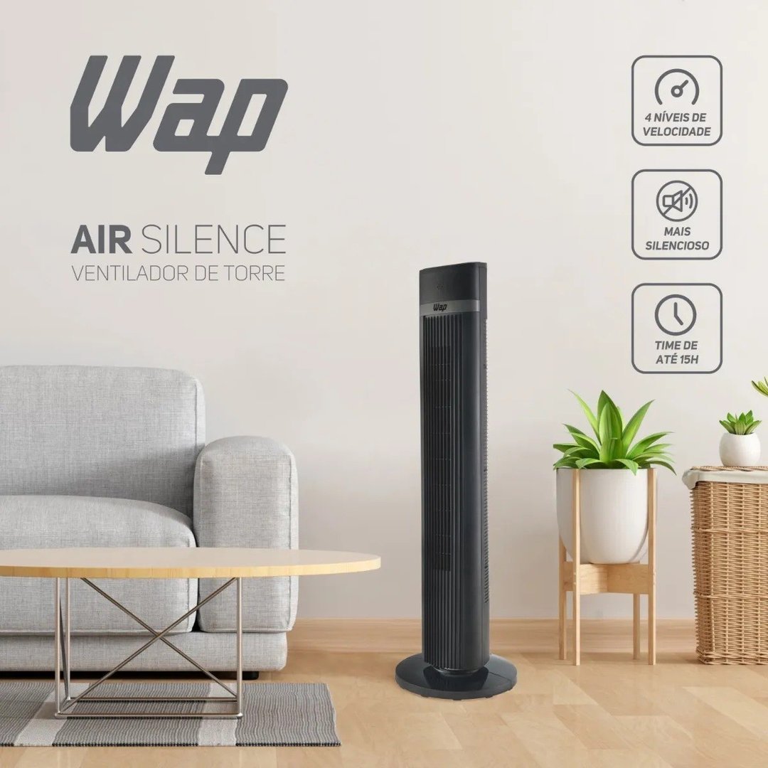 ✨ Ventilador Torre AIR SILENCE WAP Silencioso Oscilante com Controle Remoto 4 Velocidades e Desligamento Automático