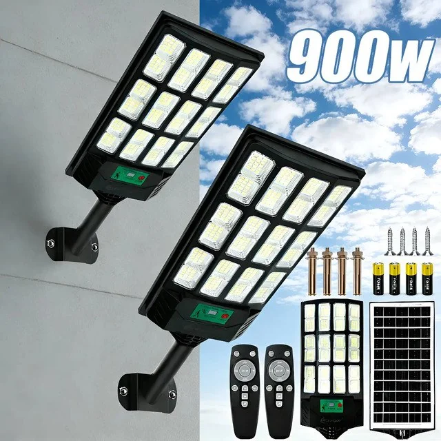 ✨Kit 2 900w Luminaria Poste Solar Potente Com Sensor Solar Preto