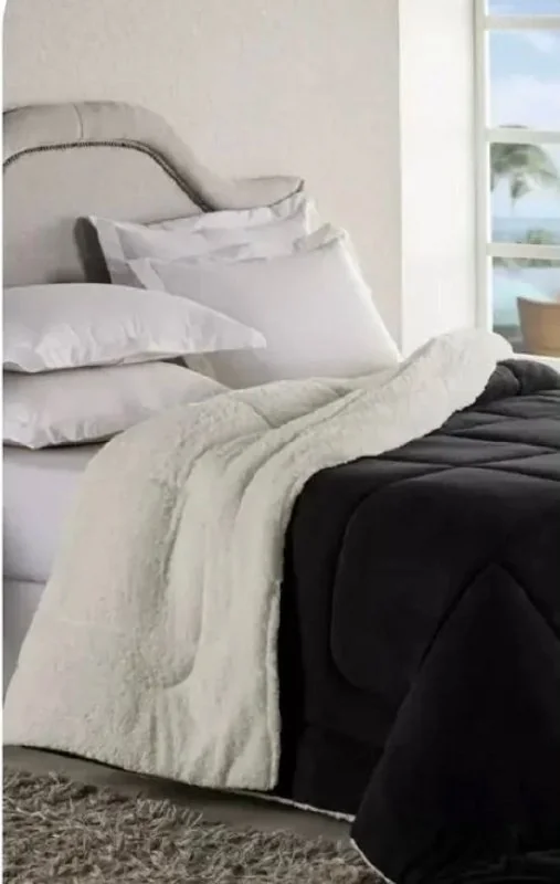 ✨Coberdrom Casal Queen Sherpa Edredom Macio Dupla Face Quente Luxo Hotel Pele Carneiro Premium Cor Preto Liso