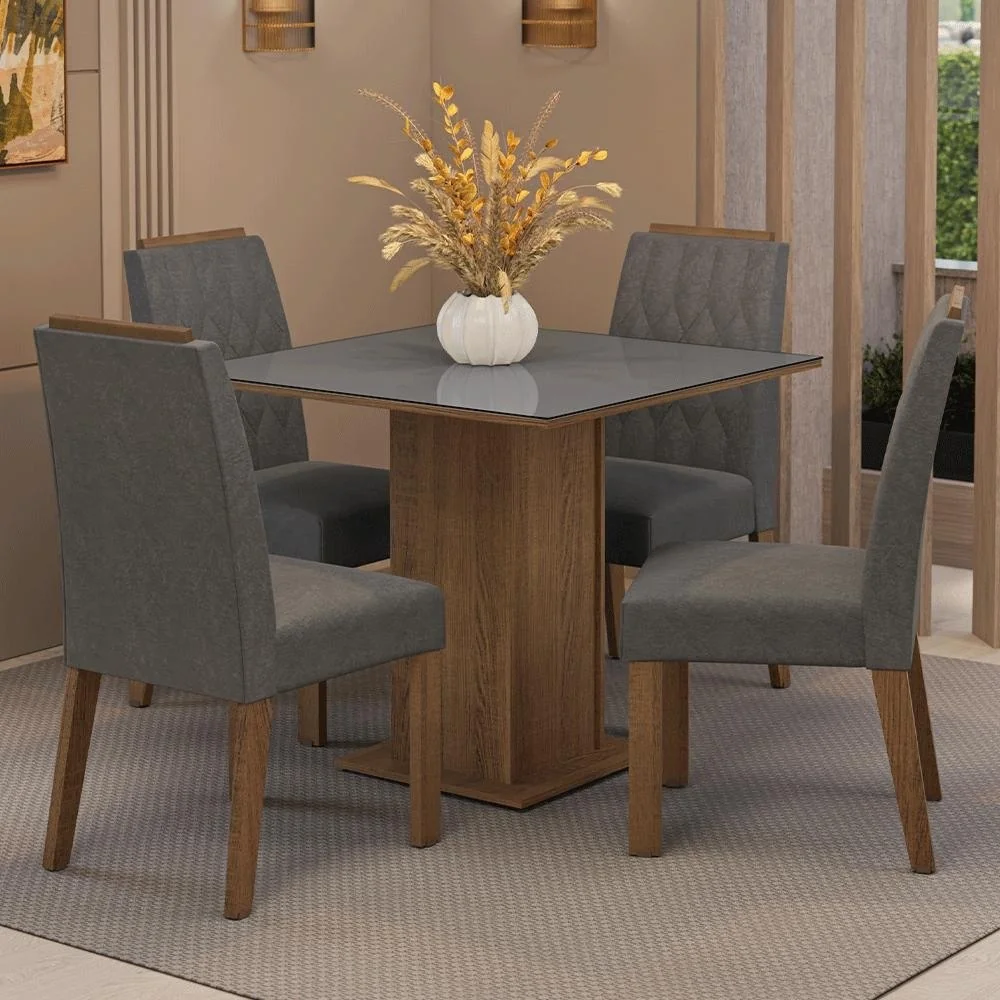 ✨Conjunto Sala de Jantar Tampo de Vidro 4 Cadeiras Capri Madesa