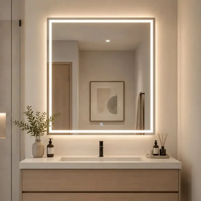 ✨Espelho Com Botão Touch Bivolt E Led 3 Cores 60x60 Jateado