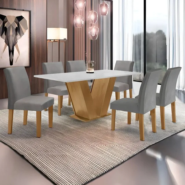 ✨Conjunto Sala De Jantar Mesa 160x80cm Tampo Mdf Com 6 Cinza/bege Liso