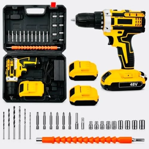 ✨ Parafusadeira e Furadeira 48V Sem Fio com Impacto Mandril 10mm Torque 32Nm 2 Baterias Recarregáveis Velocidade Variável Reversível Kit Completo com Br...