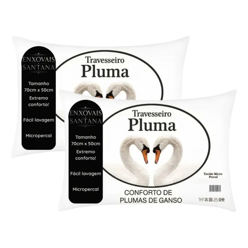 ✨ Kit 2 Travesseiros Pena De Ganso 70x50cm Toque Plumas Branco