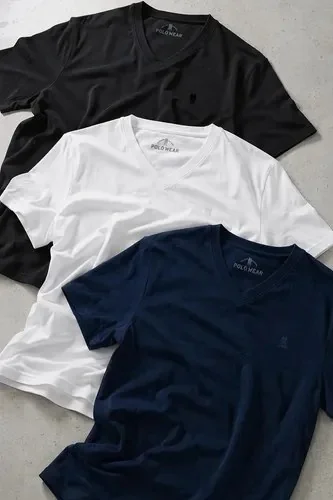 ✨ Kit 3 Camisetas Básicas Gola V Polo Wear Sortido