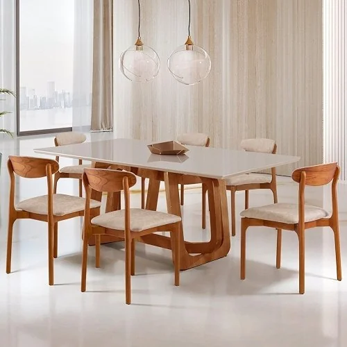 ✨ Conjunto Sala de Jantar Mesa Madeira Maciça Genova 6 Cadeiras Monaco Milano/Cinamomo Imbuia/Off White