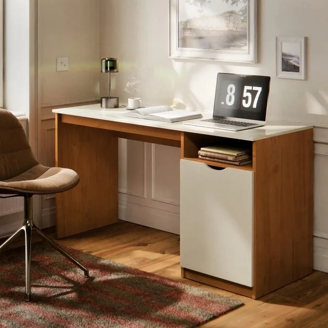 ✨Escrivaninha Maxi Do Brasil 115cm Nature Off Com Porta E Nicho Para Home Office