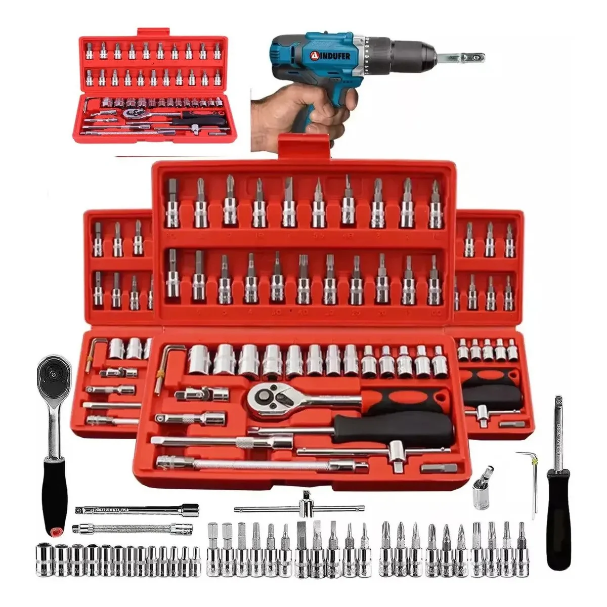 ✨ Kit Chaves Jogo Catraca Reversível Soquetes 46 Peças+maleta Mecânico Manutenção Casa Carro Profissional Resistente Portátil Compacto