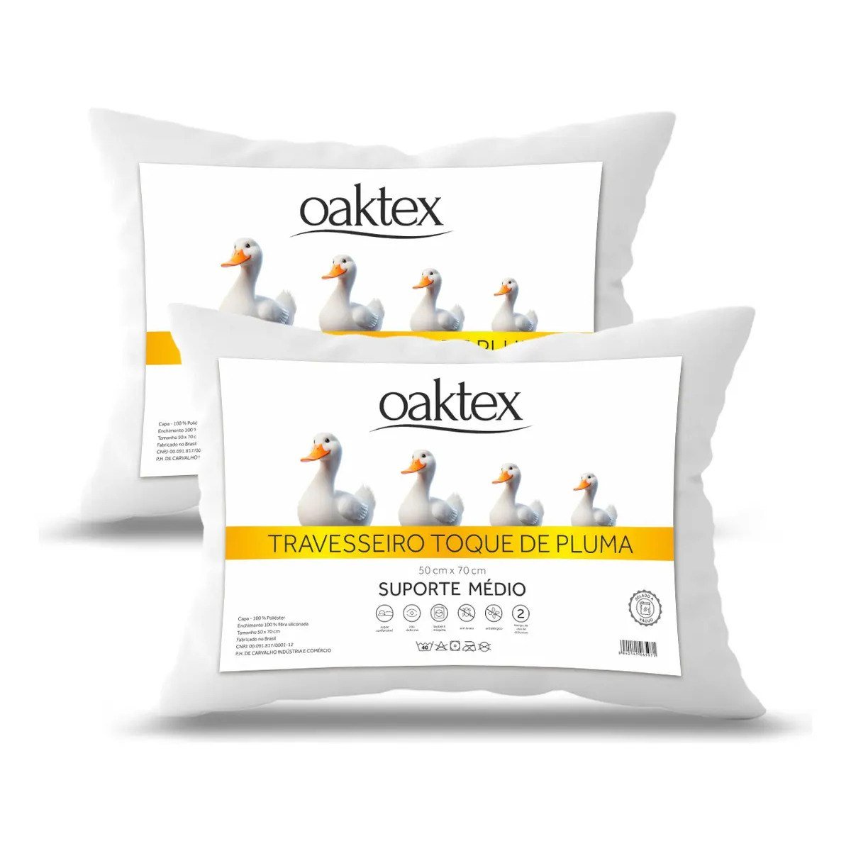 ✨ Kit 2 Travesseiros 70x50 Antialérgico Lavável Fibra Siliconada Toque de Pluma de Ganso Oaktex Cor Branco