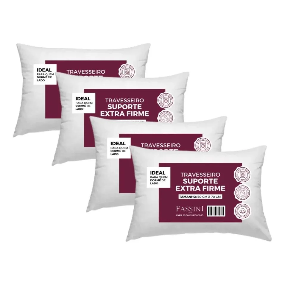 ✨ 4 Travesseiros 100% Algodão  Fibra Siliconada Extra Firme  Branco Padrão