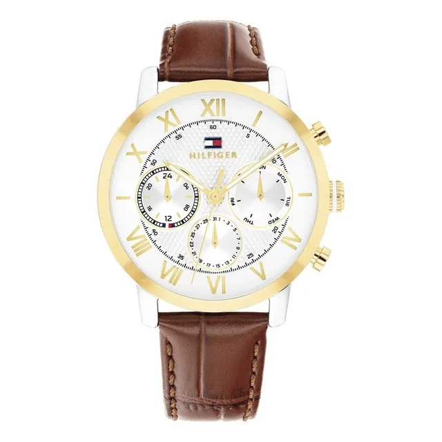 ✨Relógio Masculino Tommy Hilfiger Th Oxford De Couro Marrom Com Cronógrafo Dourado Branco