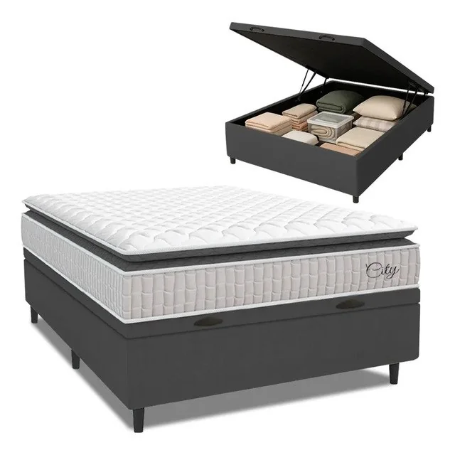 ✨Cama Box Baú Colchão Casal Molas Ensacadas City Pillow Top 138x188x64cm Branco E Cinza Hellen Suporta Até 110kg Por Pessoa Branco/cinza