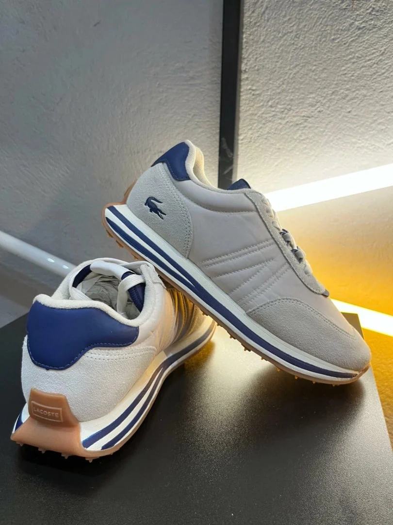 ✨Tênis Lacoste Lacoste Masculinas De Couro E Tecido L-spin Bege Claro / Azul Marinho Liso 39