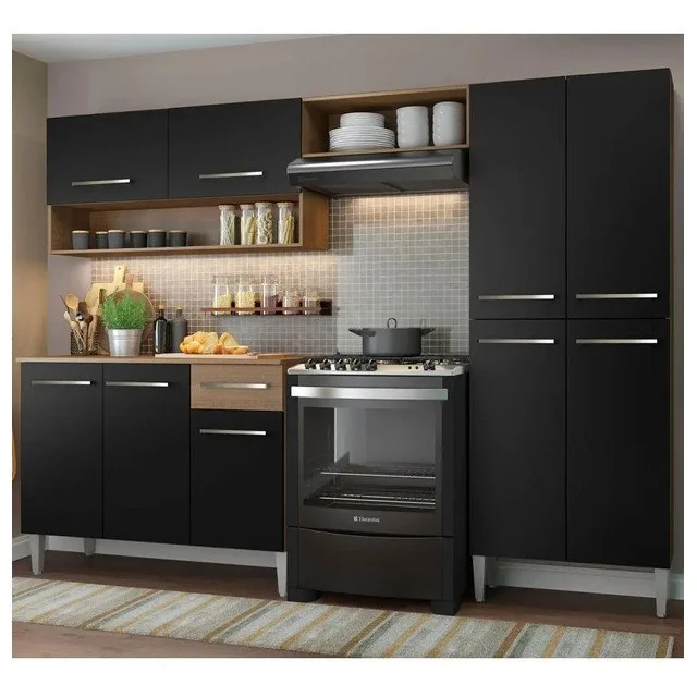 ✨Armário De Cozinha Modulada Completa Compacta Emilly Pop Com Armário E Balcão Cor Rustic/preto Grem229002 Rústico/preto